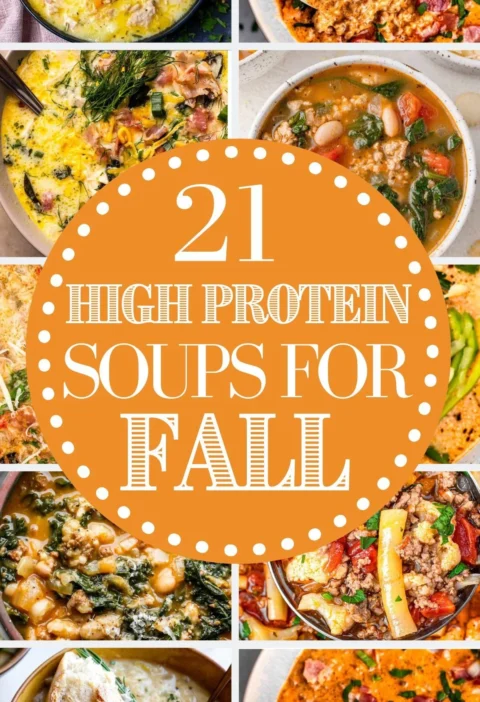 Colorful high-protein fall soup with vegetables and beans served in a bowl
