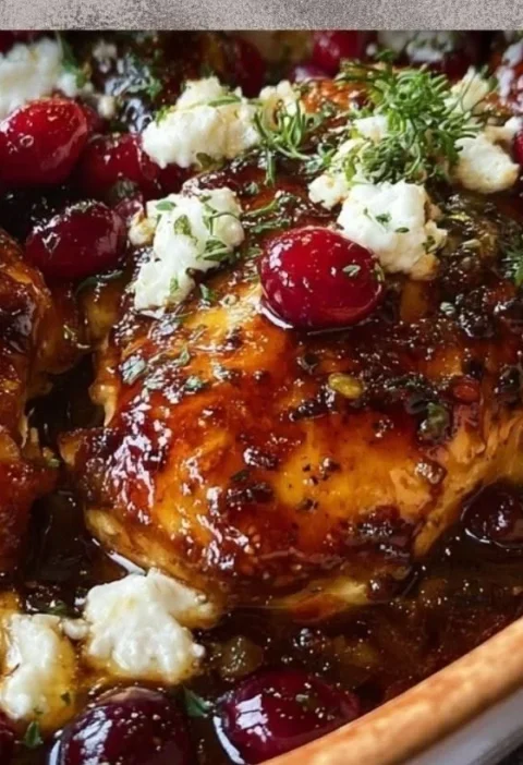 Honey-Cranberry Baked Chicken topped with Feta cheese, ready to serve
