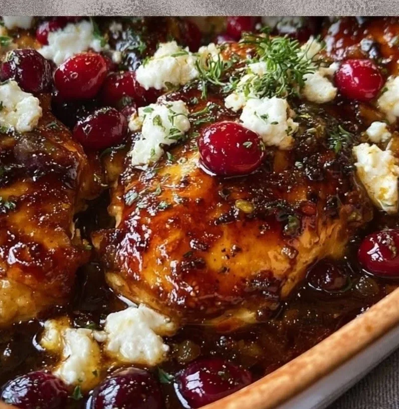 Honey-Cranberry Baked Chicken topped with Feta cheese, ready to serve