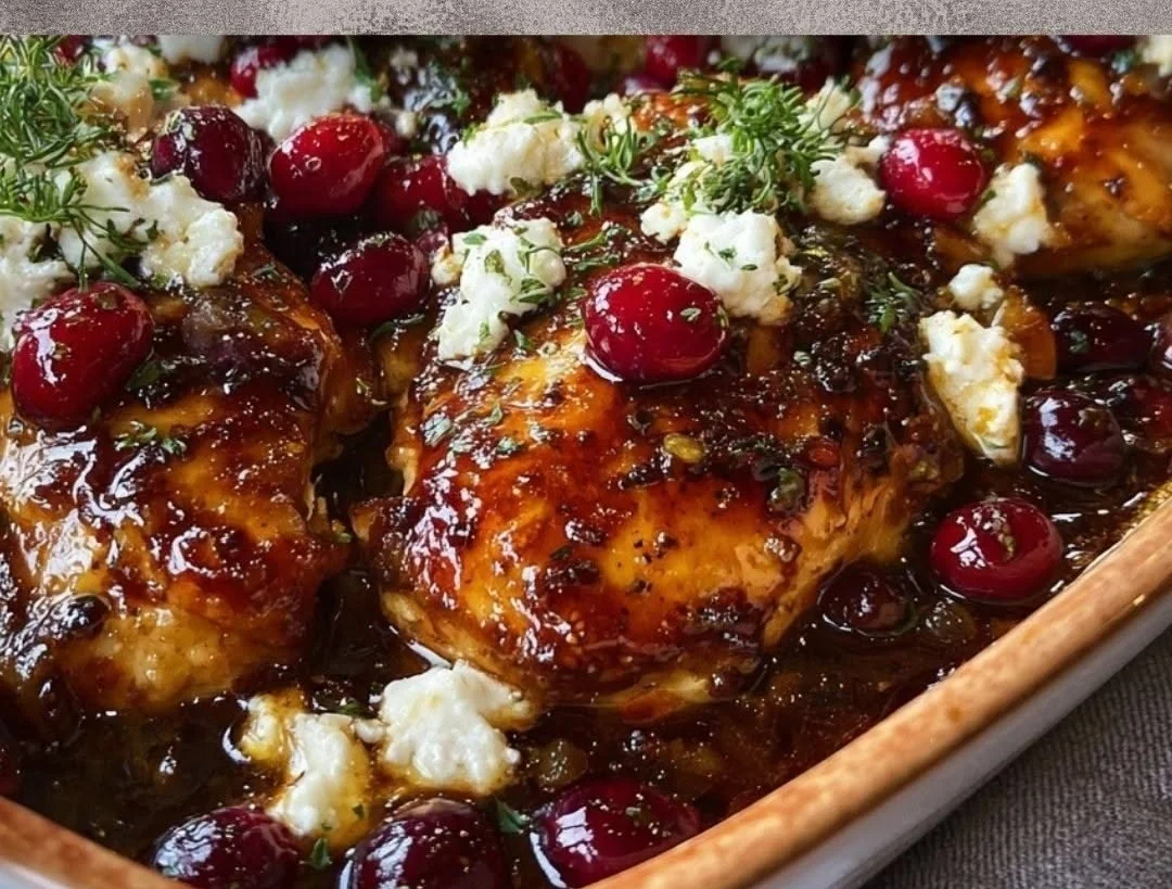 Honey-Cranberry Baked Chicken topped with Feta cheese, ready to serve