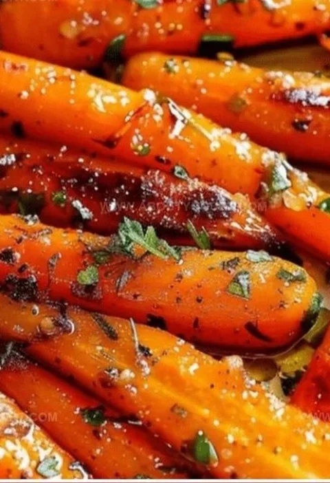 Honey garlic butter roasted carrots garnished and ready to serve.