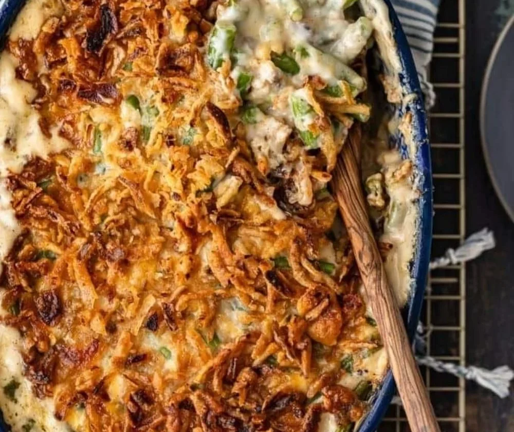 Dish of Ina Garten's green bean casserole with crispy topping