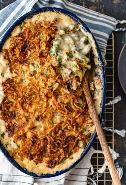 Dish of Ina Garten's green bean casserole with crispy topping