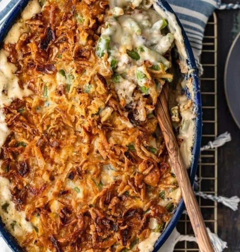 Dish of Ina Garten's green bean casserole with crispy topping