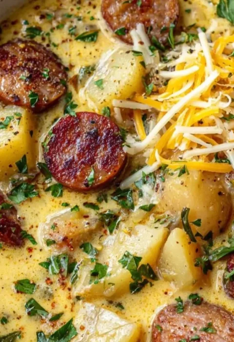 Bowl of hearty Kielbasa Potato Soup topped with herbs.