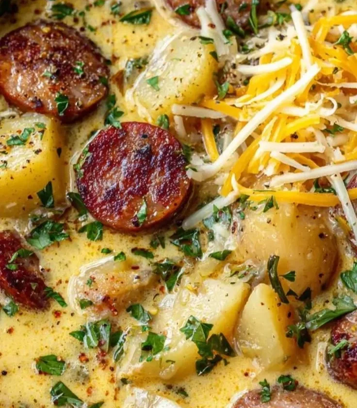 Bowl of hearty Kielbasa Potato Soup topped with herbs.