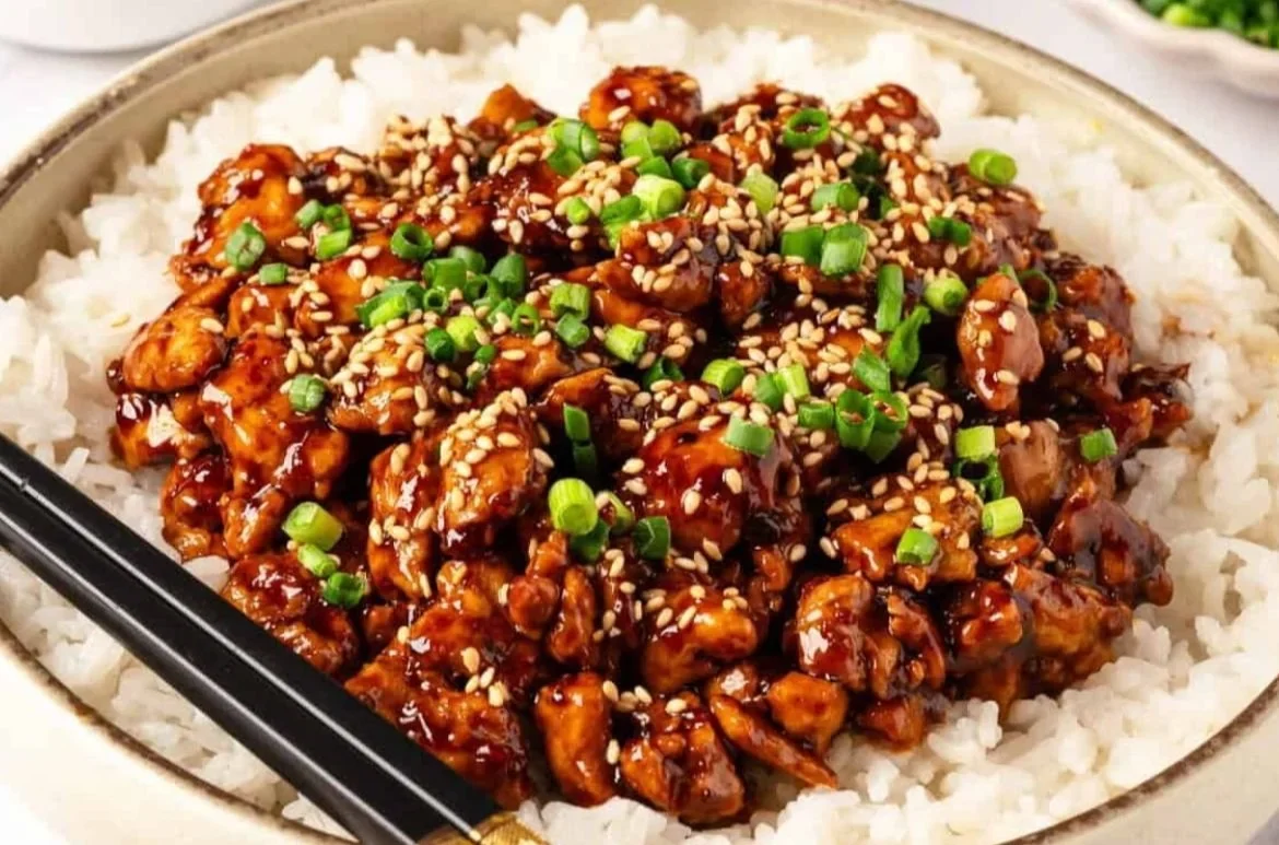 Plate of Korean Ground Turkey served with rice and vegetables