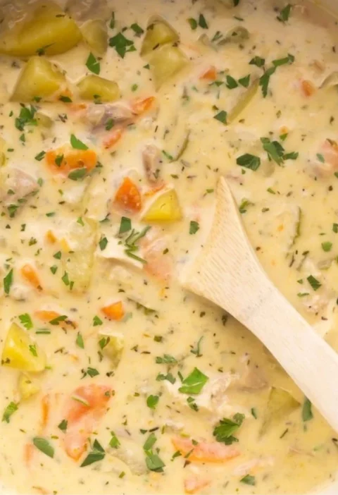 Delicious homemade leftover turkey soup in a bowl garnished with herbs.