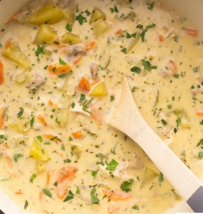 Delicious homemade leftover turkey soup in a bowl garnished with herbs.