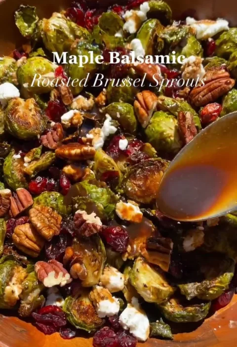 Maple Balsamic Roasted Brussels Sprouts served as a Thanksgiving side dish