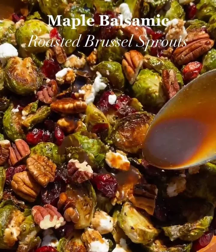 Maple Balsamic Roasted Brussels Sprouts served as a Thanksgiving side dish