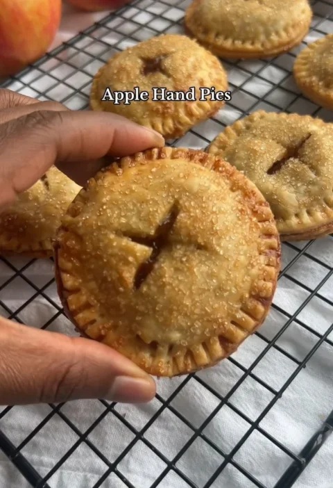 Mini apple pies freshly baked with sweet apple filling and golden crust.