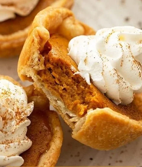 Delicious mini pumpkin pies with whipped cream topping