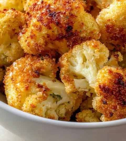 Delicious Parmesan-Crusted Cauliflower Bites on a serving platter.