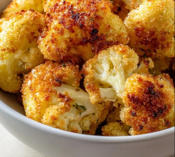 Delicious Parmesan-Crusted Cauliflower Bites on a serving platter.