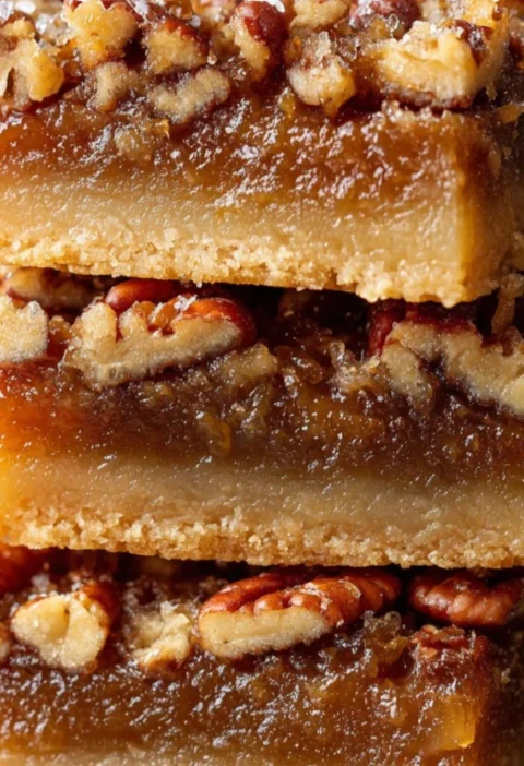 Delicious pecan pie bars topped with nuts and a golden crust.