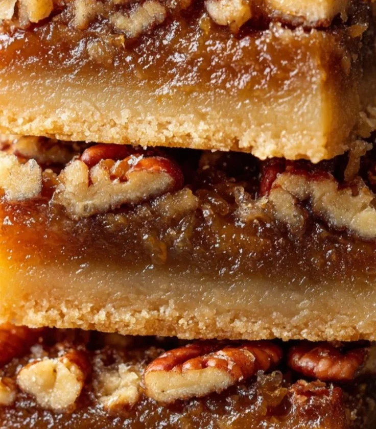 Delicious pecan pie bars topped with nuts and a golden crust.