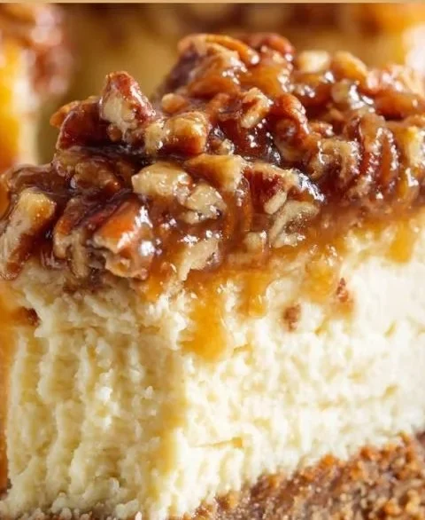 Slice of decadent Pecan Pie Cheesecake topped with toasted pecans