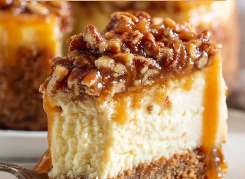 Slice of decadent Pecan Pie Cheesecake topped with toasted pecans