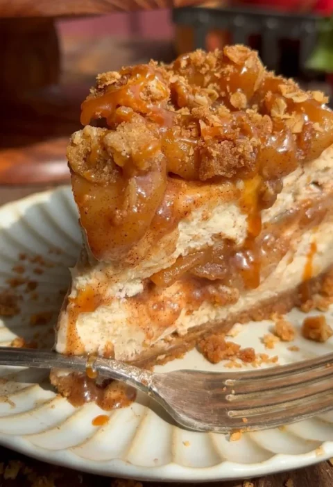 Delicious salted caramel apple pie cheesecake dessert with caramel drizzle