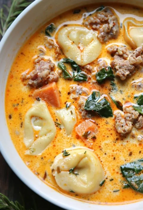 Bowl of Sausage Tortellini Soup with Spinach, garnished with parmesan cheese.