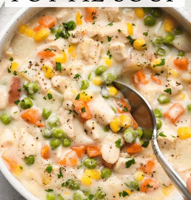 Slow Cooker Chicken Pot Pie Soup topped with fresh herbs in a bowl