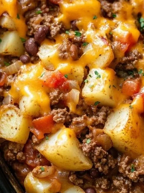 Slow cooker cowboy casserole with ground beef, beans, and potatoes in a rustic dish.