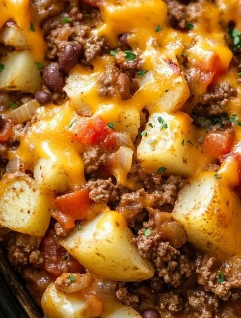 Slow cooker cowboy casserole with ground beef, beans, and potatoes in a rustic dish.