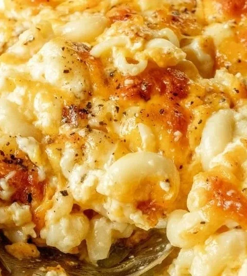 Serving of delicious Southern baked mac and cheese with a golden crust