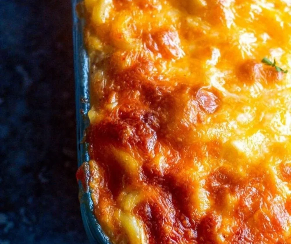Southern baked macaroni and cheese in a casserole dish