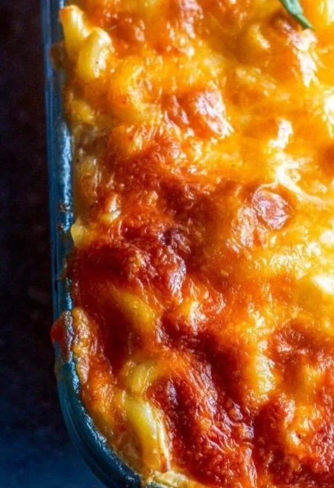 Southern baked macaroni and cheese in a casserole dish