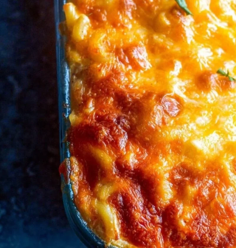 Southern baked macaroni and cheese in a casserole dish