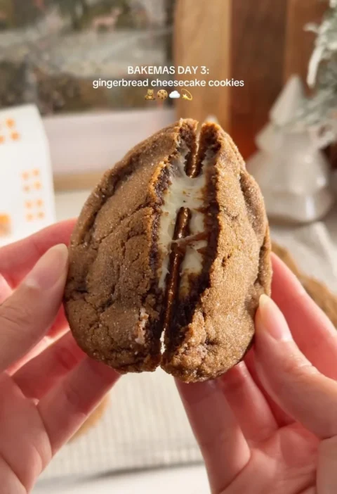 Spiced gingerbread cheesecake cookies on a festive plate.