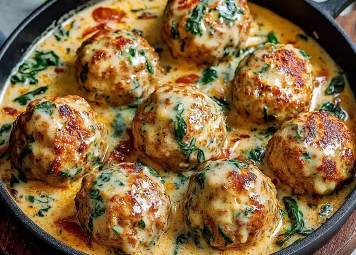 Healthy spinach turkey meatballs on a plate with fresh herbs and tomato sauce.