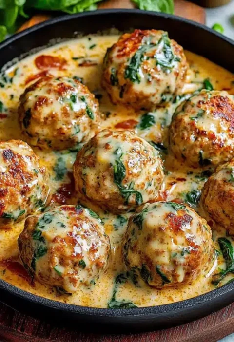 Healthy spinach turkey meatballs on a plate with fresh herbs and tomato sauce.