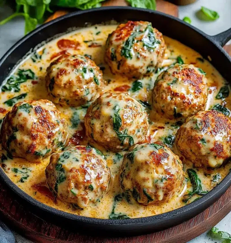 Healthy spinach turkey meatballs on a plate with fresh herbs and tomato sauce.