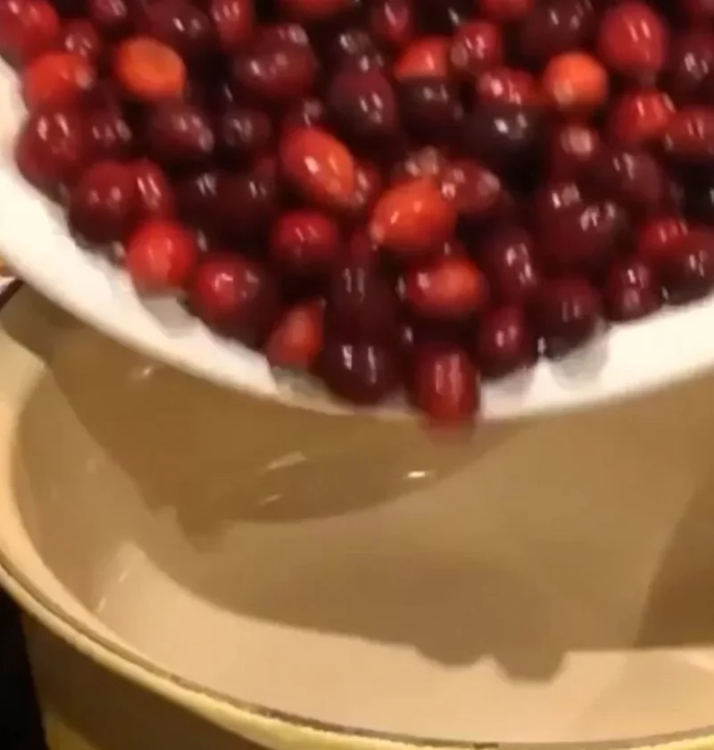 Homemade cranberry sauce served in a bowl with fresh cranberries and herbs