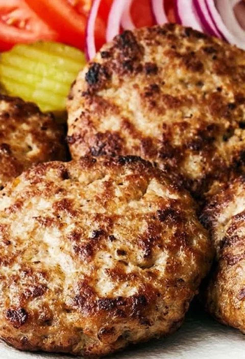 Juicy turkey burger patties on a grill with fresh ingredients