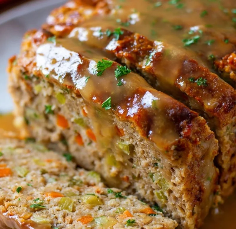 Delicious Turkey Meatloaf with Stuffing served on a plate with garnish