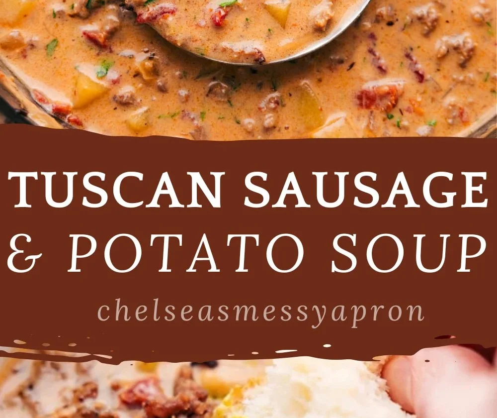 Delicious bowl of Tuscan sausage and potato soup garnished with herbs
