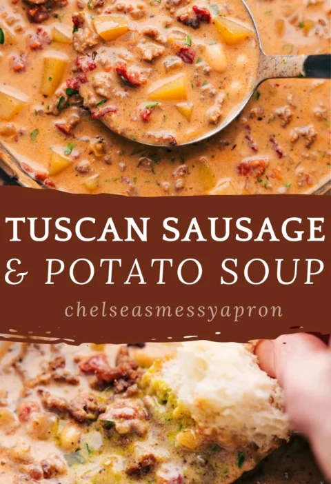 Delicious bowl of Tuscan sausage and potato soup garnished with herbs