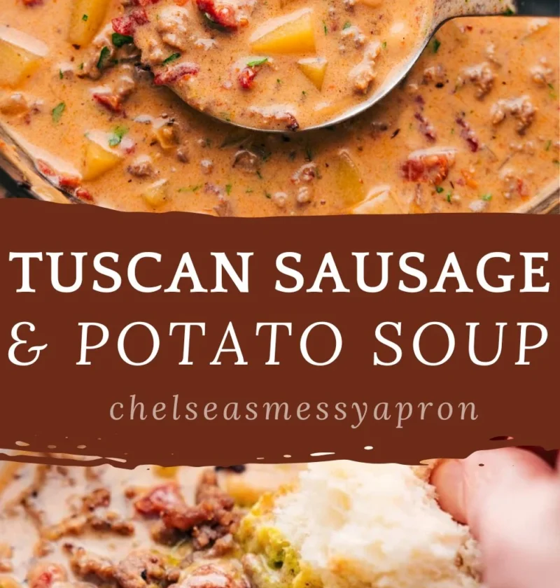 Delicious bowl of Tuscan sausage and potato soup garnished with herbs