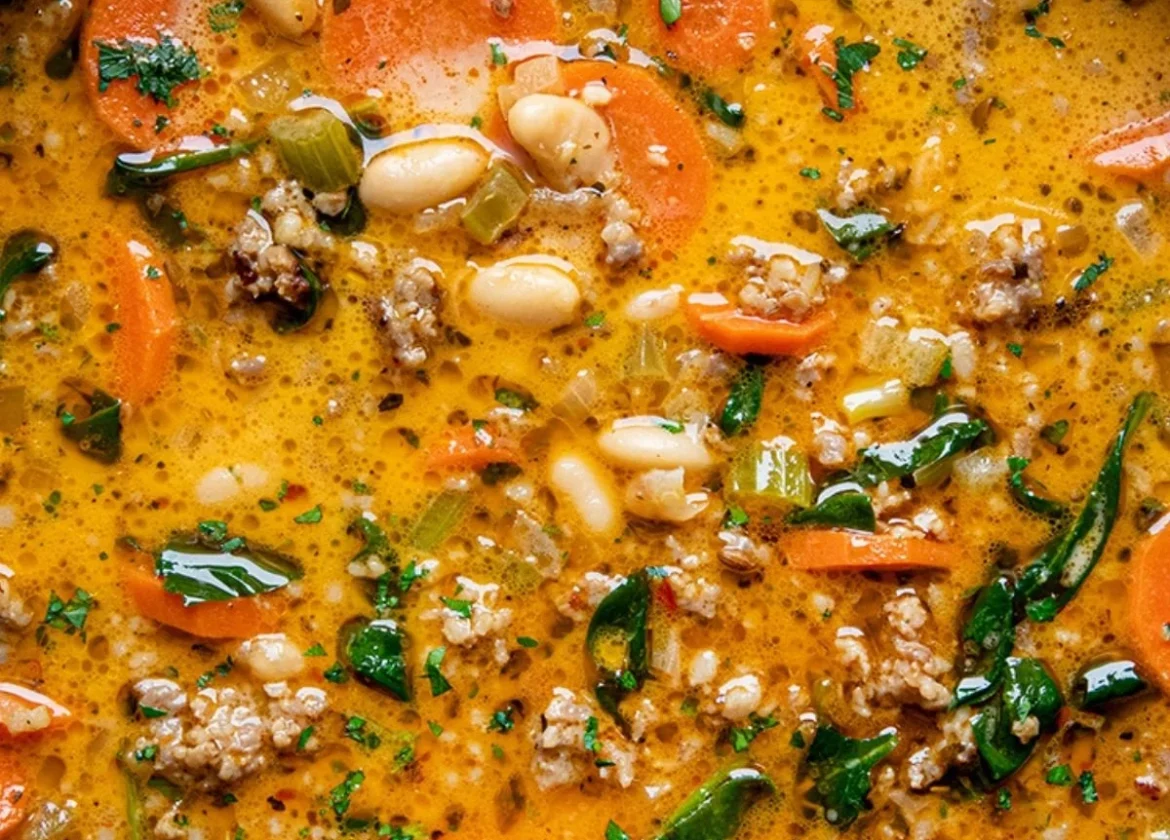 Delicious bowl of Tuscan white bean soup garnished with herbs and drizzled with olive oil