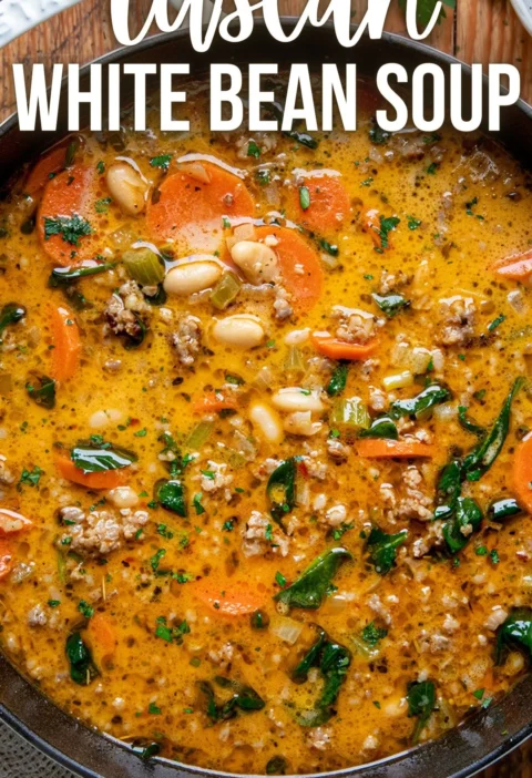 Delicious bowl of Tuscan white bean soup garnished with herbs and drizzled with olive oil