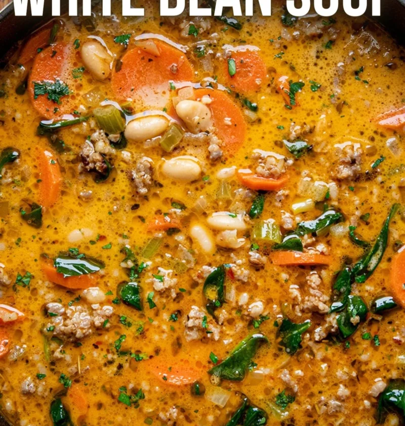 Delicious bowl of Tuscan white bean soup garnished with herbs and drizzled with olive oil