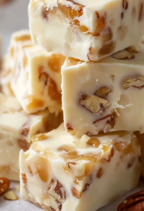 Deliciously creamy white chocolate caramel pecan fudge on a plate
