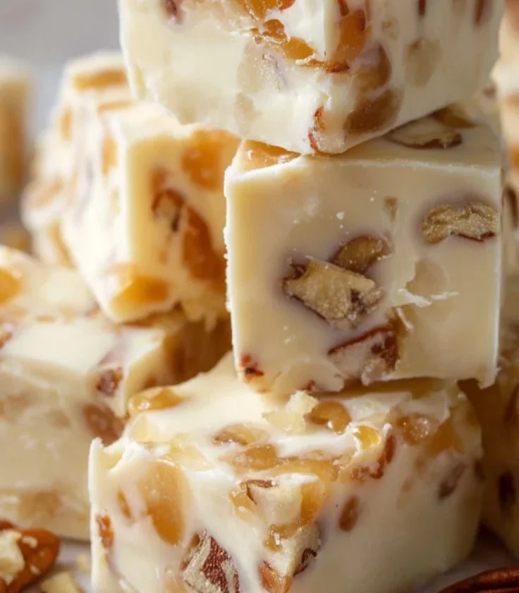 Deliciously creamy white chocolate caramel pecan fudge on a plate